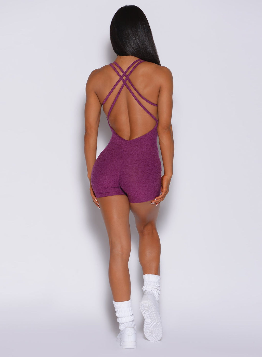Velera Women's Shape Backless Workout Romper - Purple Pink women's workout romper front view