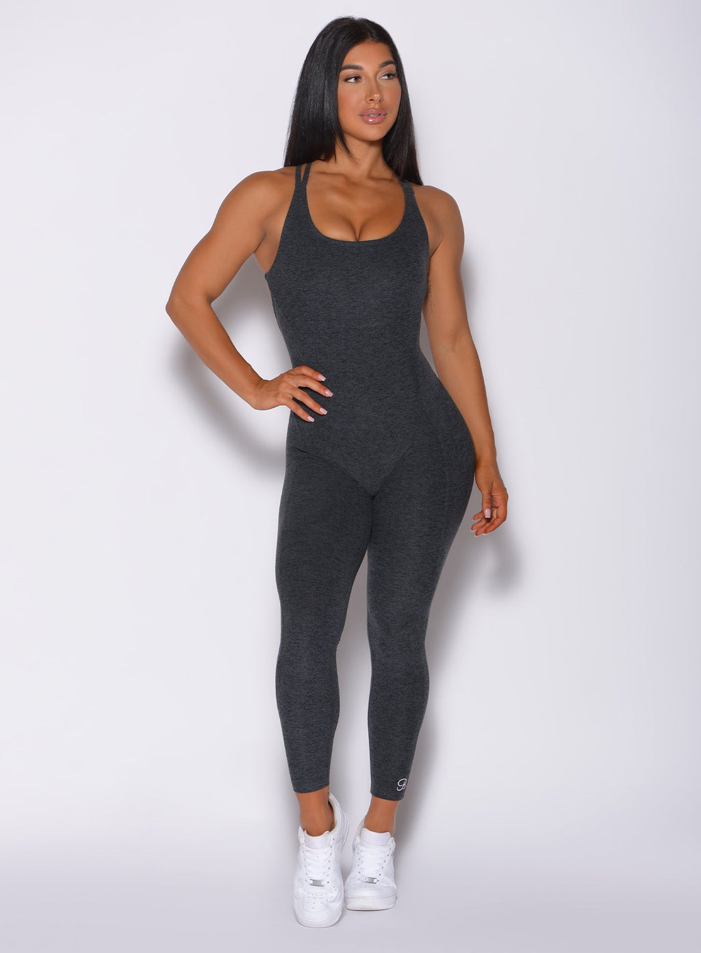 Velera Women's Shape Backless Workout Romper - Gray women's workout bodysuit back view