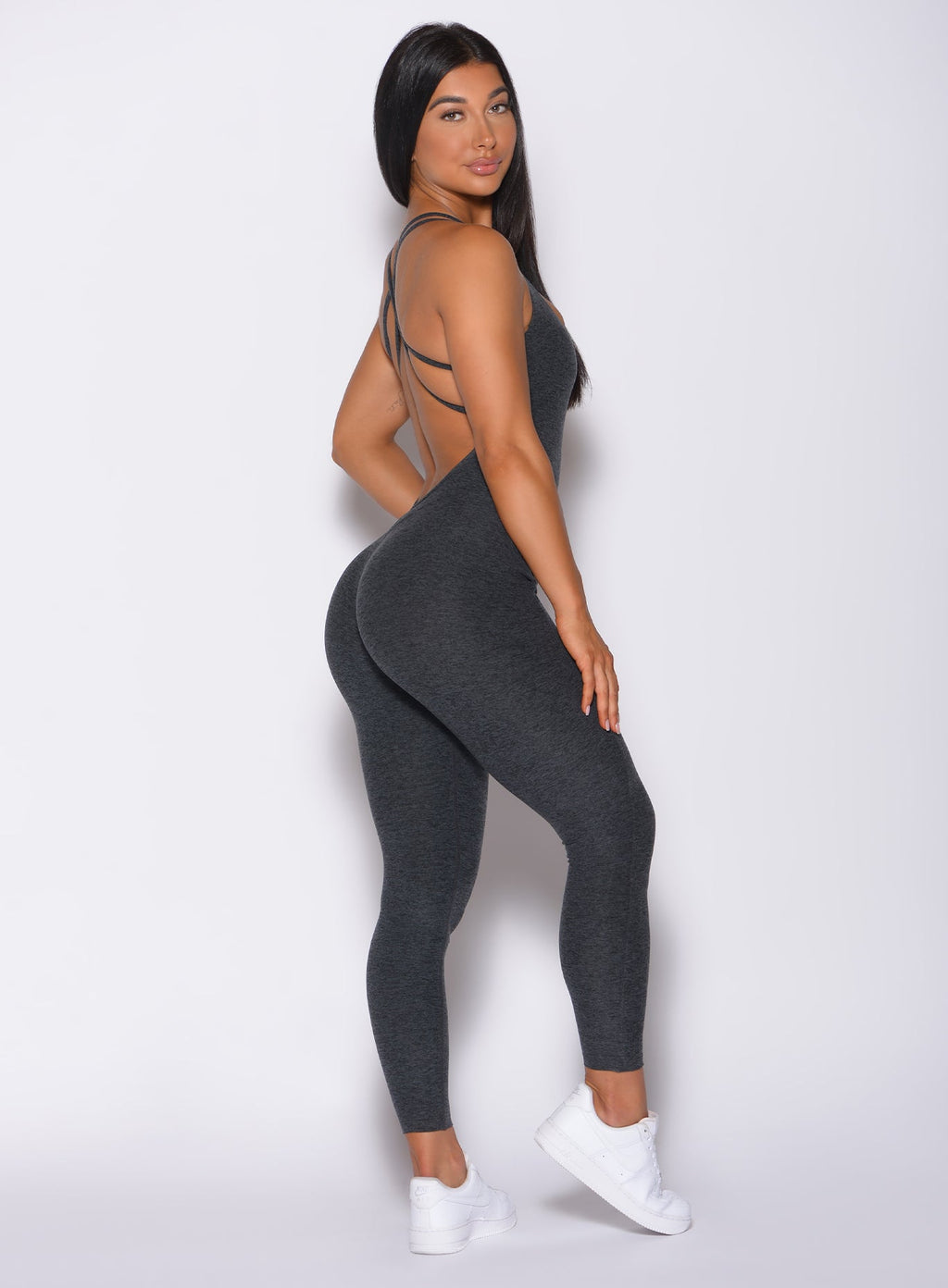 Velera Women's Shape Backless Workout Romper - Gray women's workout bodysuit side view