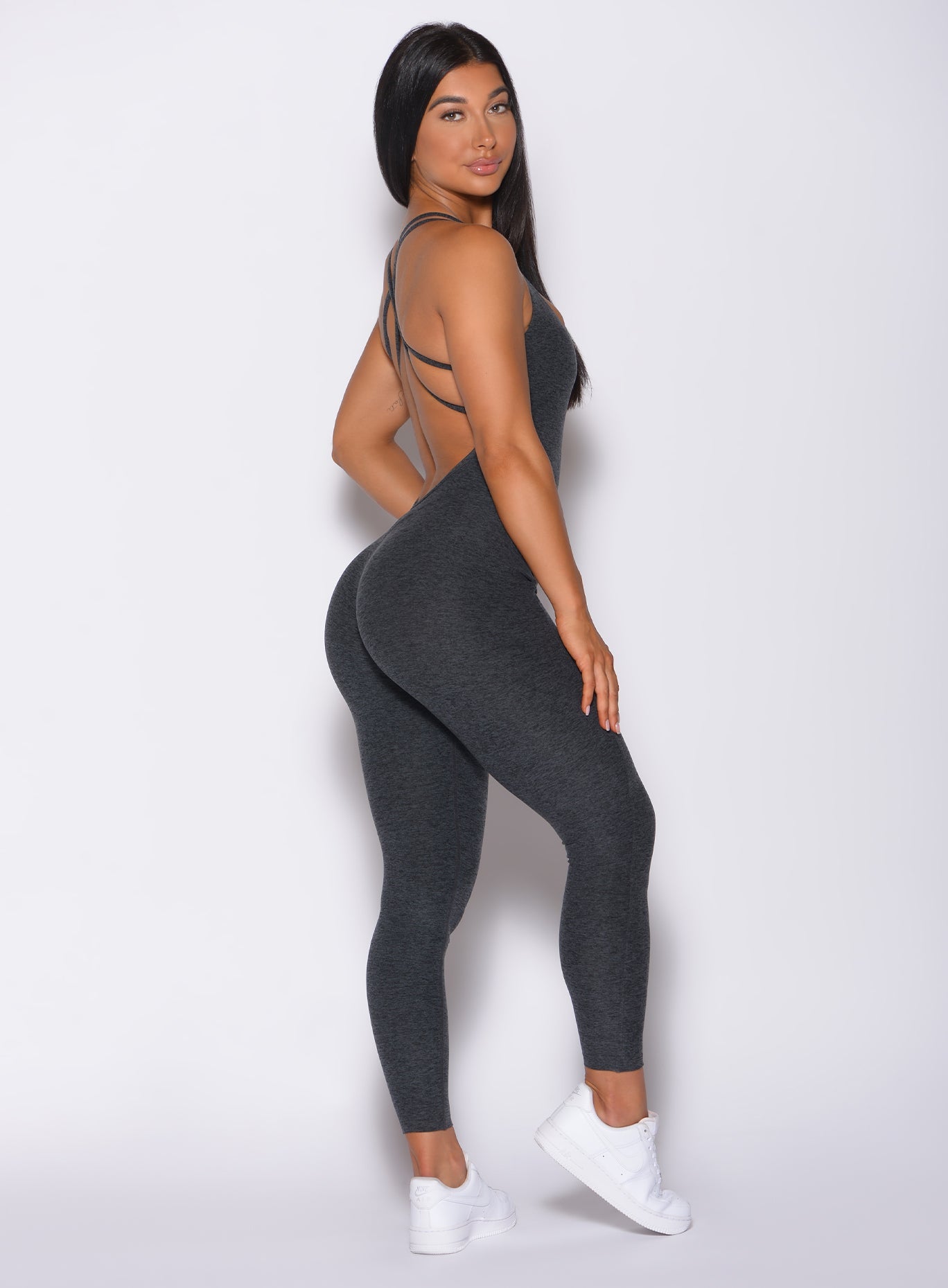 Velera Women's Shape Backless Workout Romper - Gray women's workout bodysuit side view