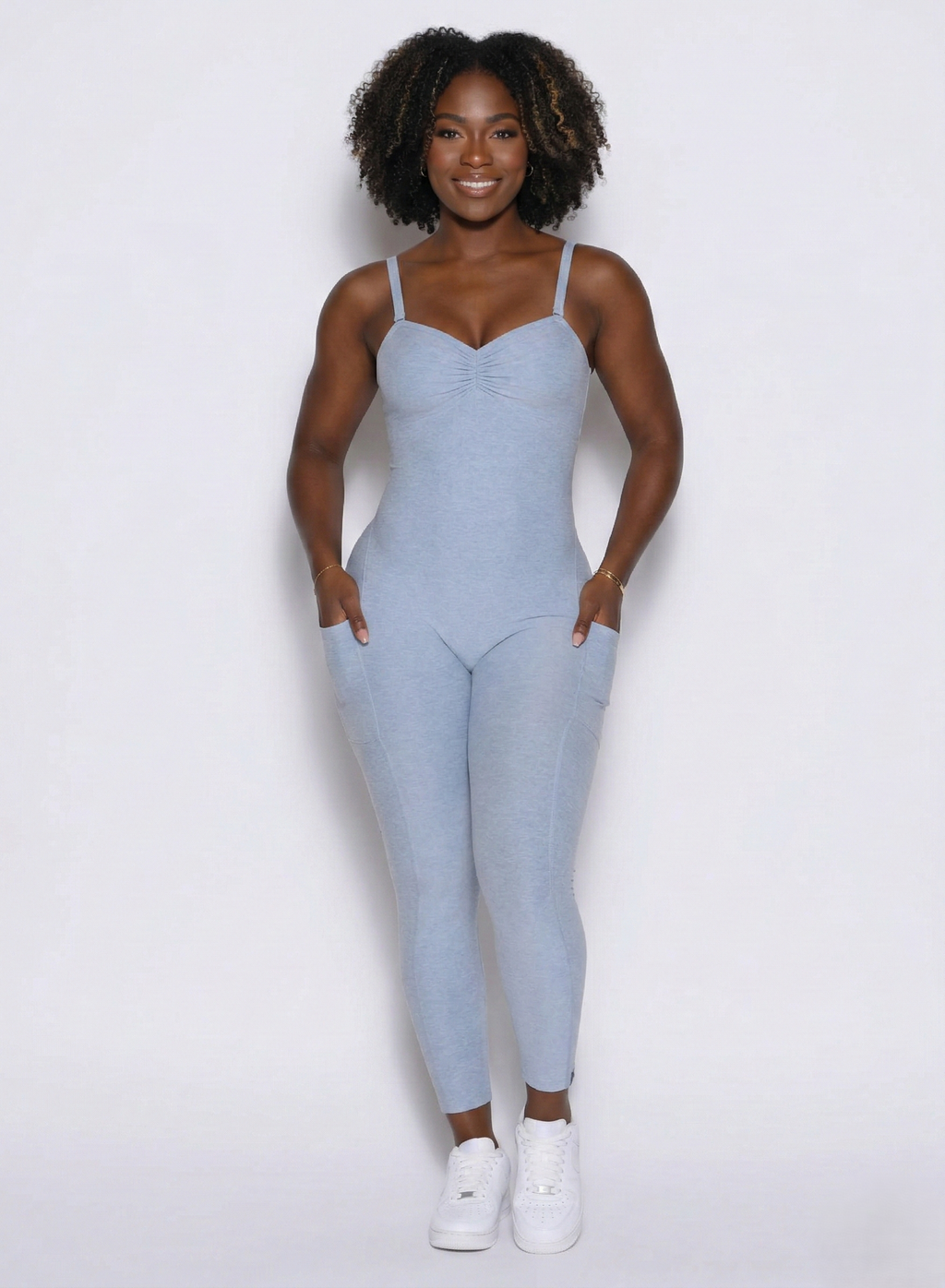 Velera Women's Essence Flawless Form Workout Bodysuit - Baby Blue women's workout bodysuit front view