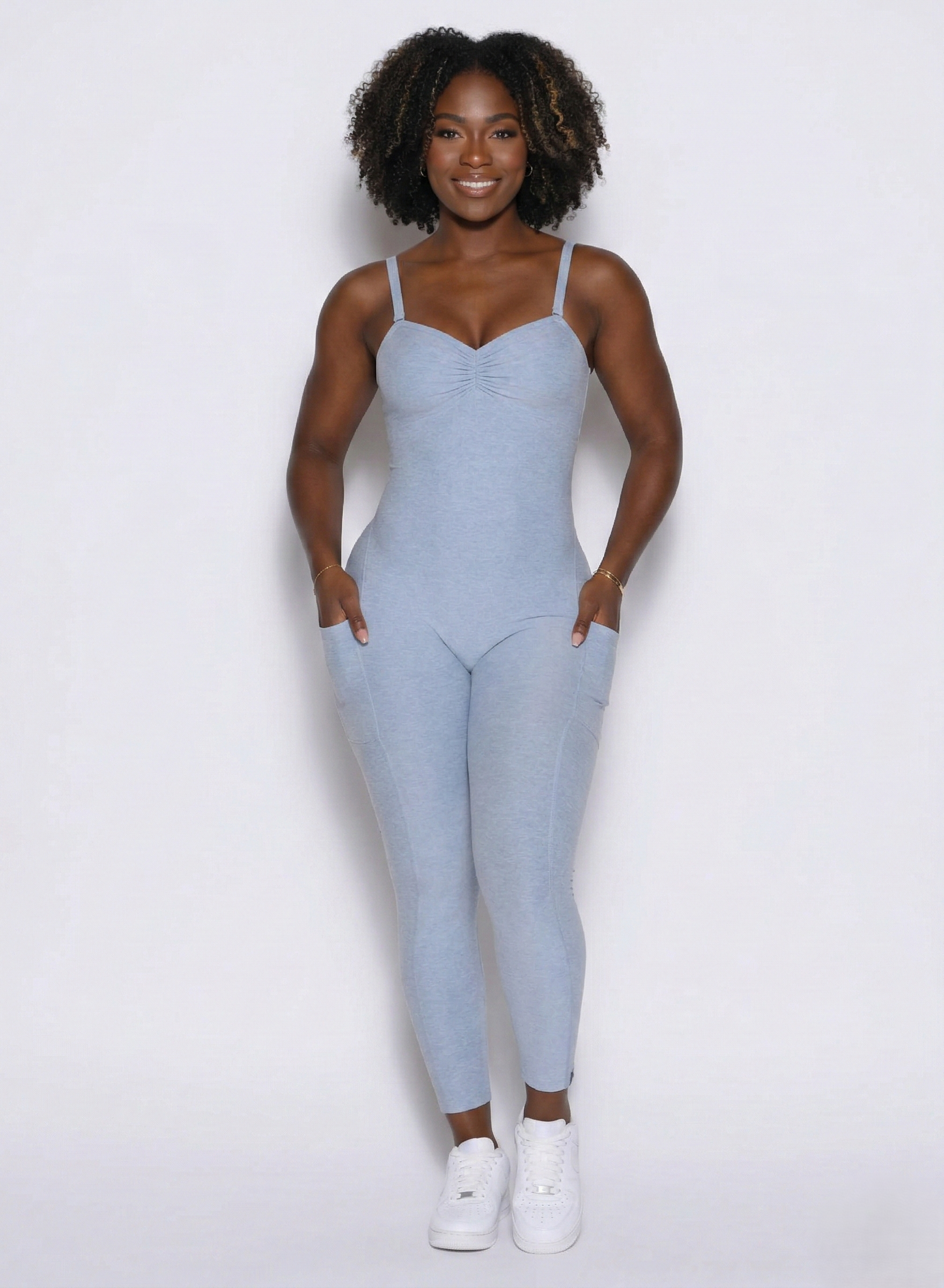 Velera Women's Essence Flawless Form Workout Bodysuit - Baby Blue women's workout bodysuit front view