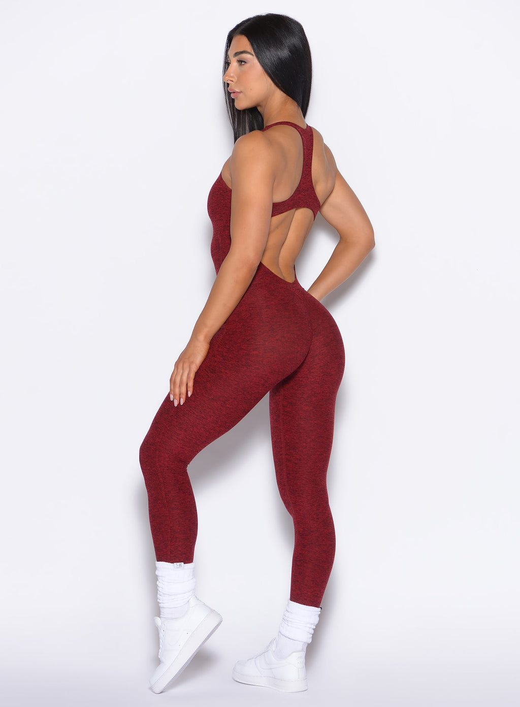 Velera Women's Shape Athletic Workout Bodysuit - Cherry Red women's workout bodysuit side view