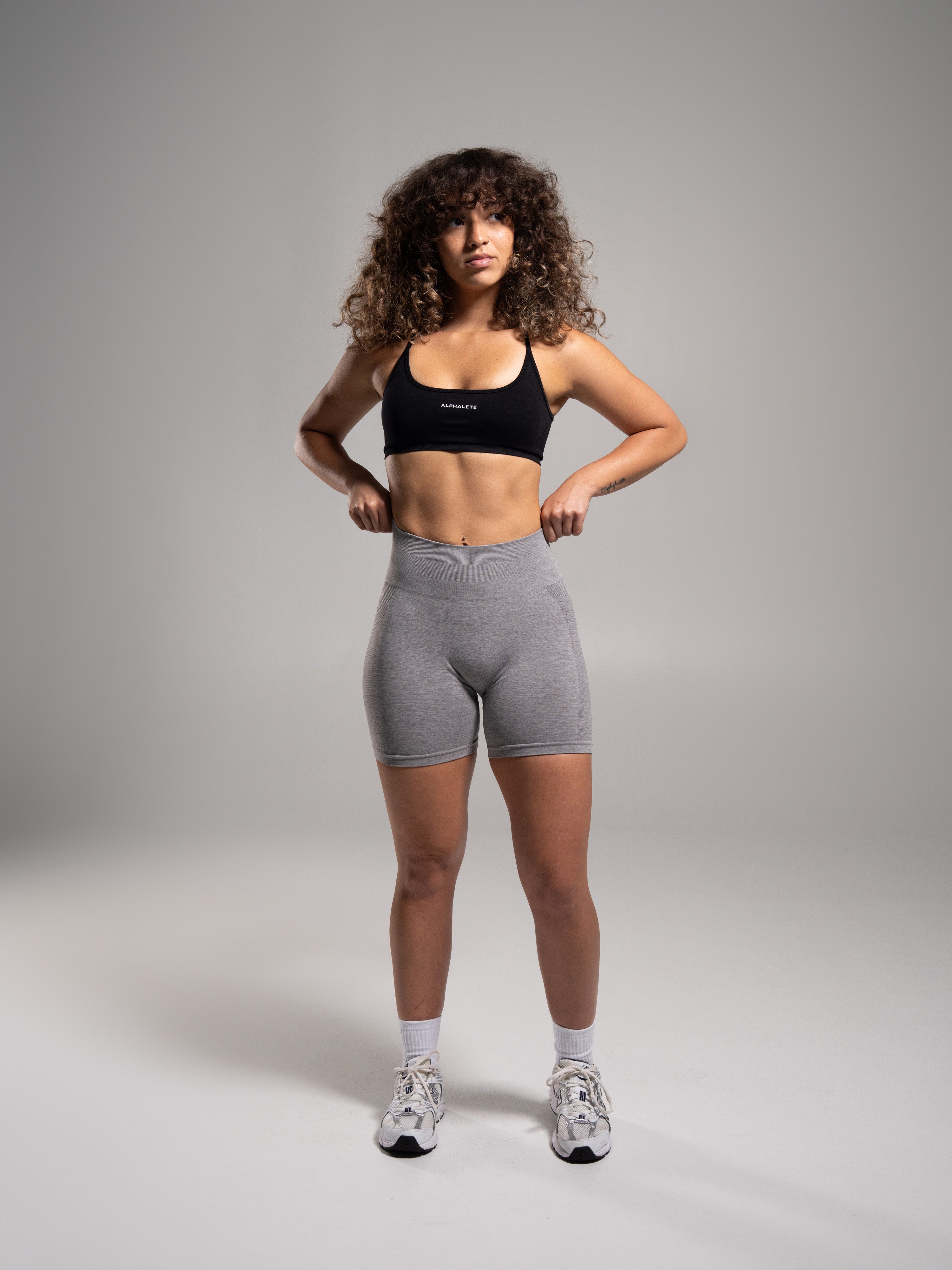 Velera Women's Pump Mid Rise Seamless Workout Shorts - Heather Grey women's workout shorts side view